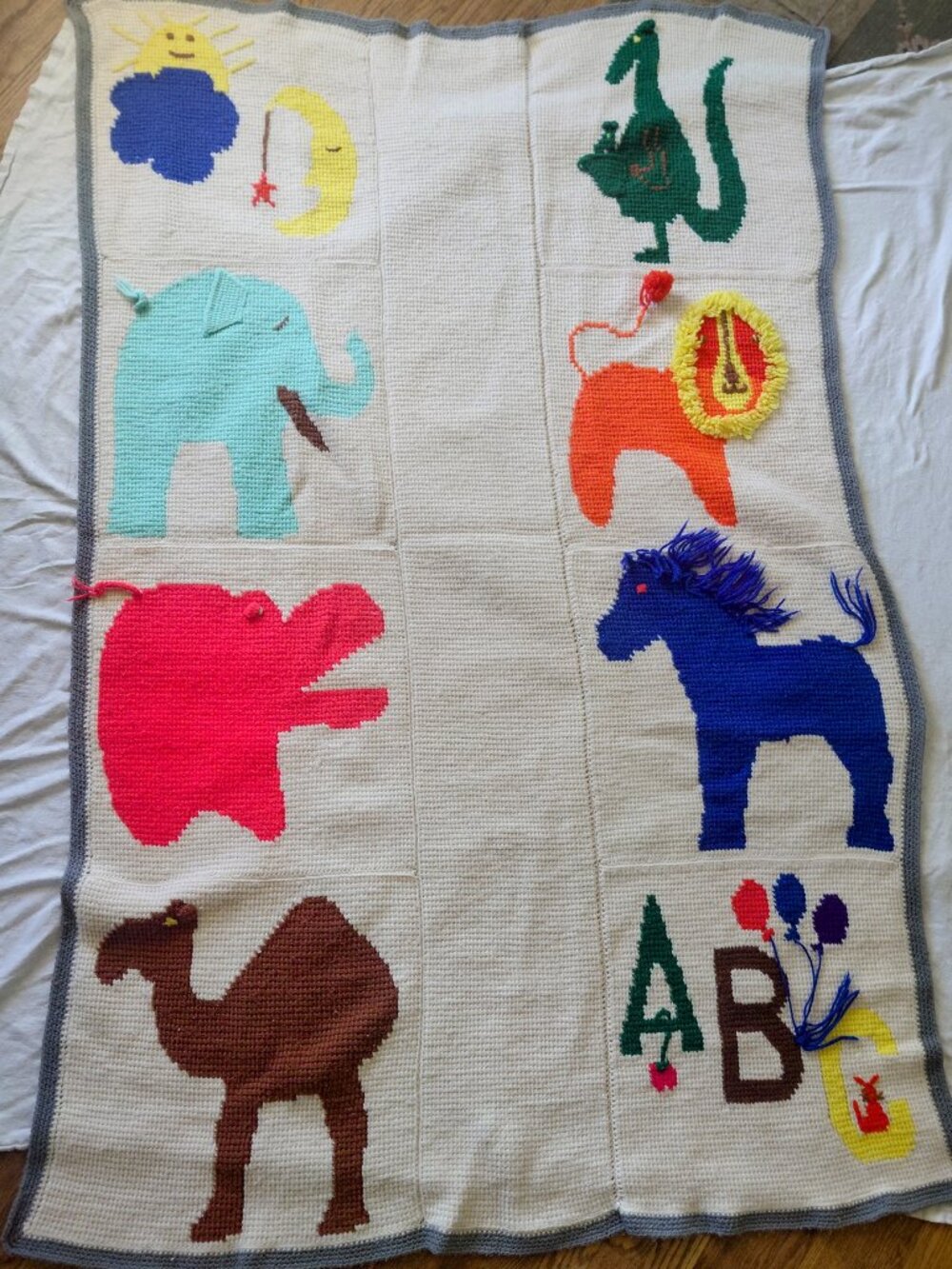 Vintage Handmade Crochet Animal Afghan Throw Blanket 48x72 Nursery Cottagecore